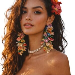 Colorful Floral Statement Earrings  Beaded Dangle Tropical Boho Festival